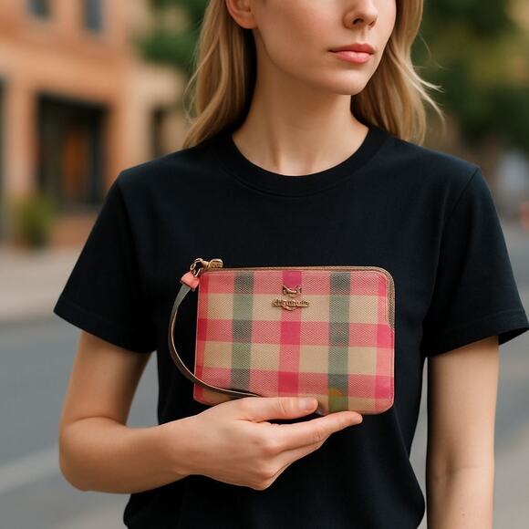 Coach Wristlet and UV Umbrella Set Plaid Gold/Pink - Picture 7 of 8